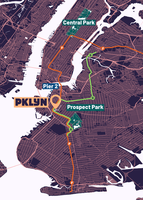A map showing the route of PKLYN, New York City’s finest pickleball club